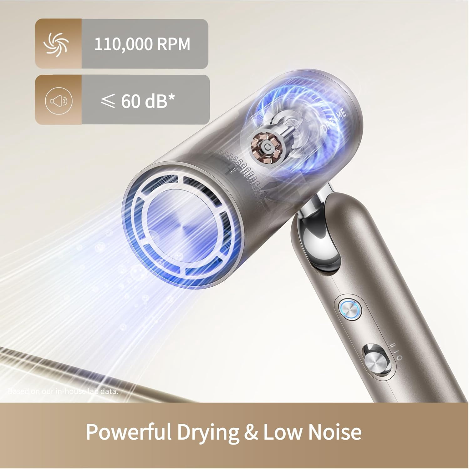 Dreame Pocket Compact Ionic Hair Dryer, Gold, 1000 Watts, Fast Drying, High-Speed Brushless Motor, 300M Negative Ions, Low Noise, Portable for Home & Domestic Travel & Gym