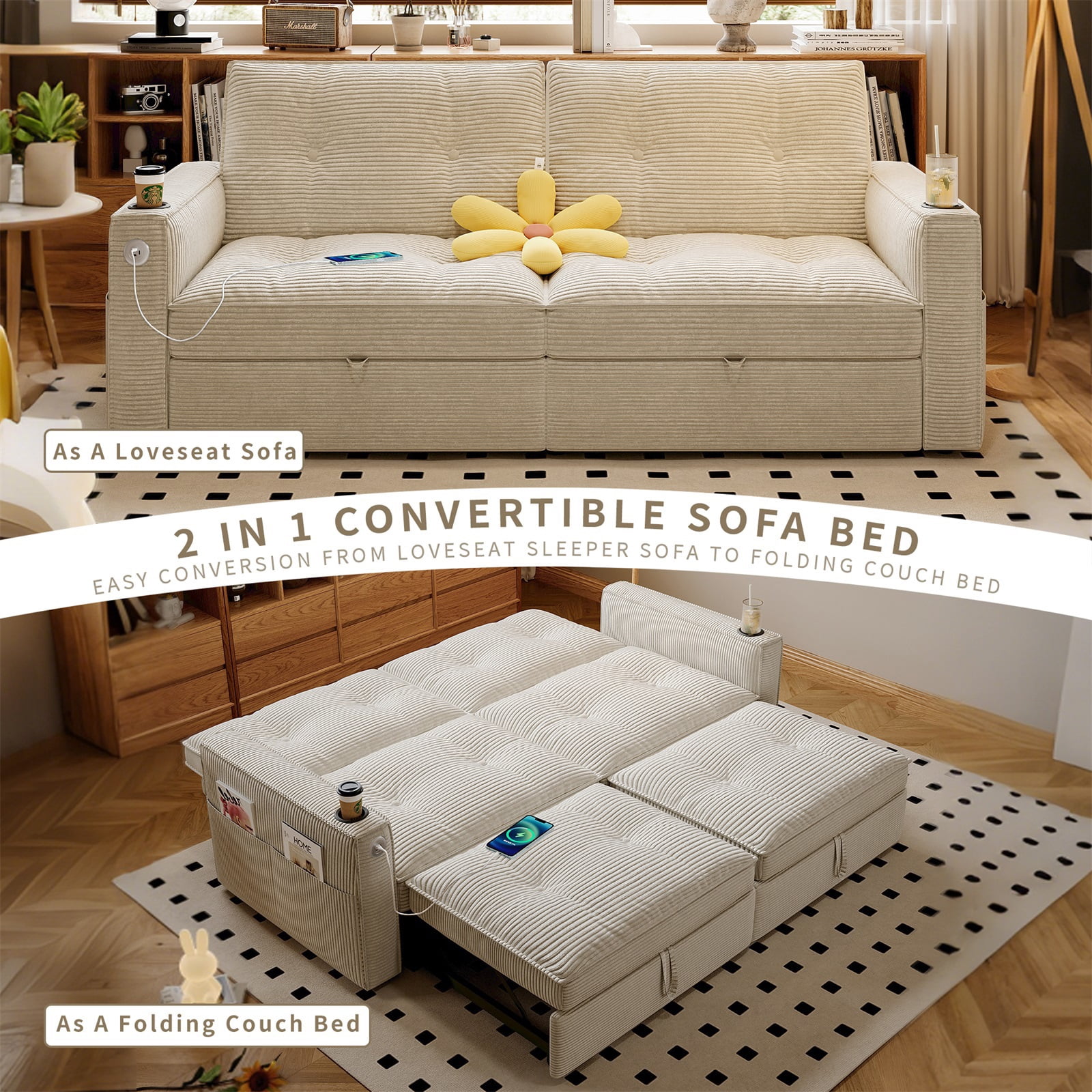 Hommoo 70" Convertible 2-in-1 Pull Out Couch Bed, Multi-Functional Corduroy Loveseat Sleeper Sofa Bed, White