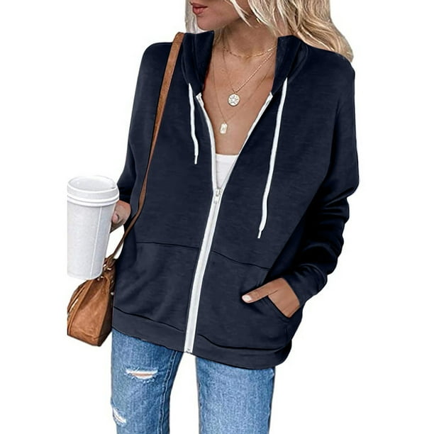 ICHUANYI Clearance Fashion Women Casual Hooded Slim Zipper Fleece Sweater Coat(Navy, M) ICHUANYI WER2023080811809