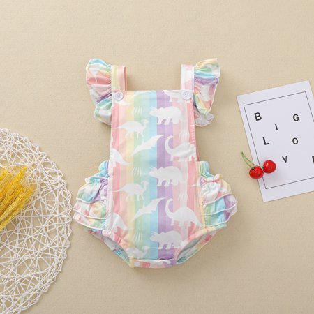 

Summer 0-24M Baby Girl Print Rainbow Color Striped Flared Short Sleeve Backless Back Ruffled Bodysuit