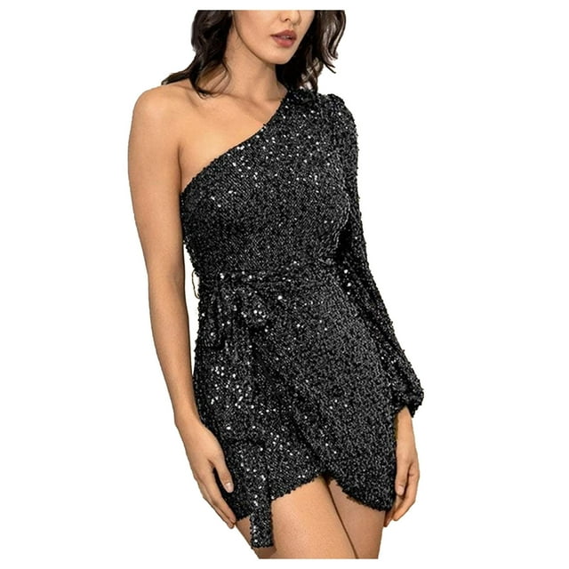 Pompotops Robe Mode Femme Aguichant une Épaule Bandage Sequins Irrégulier Pleine en Solde