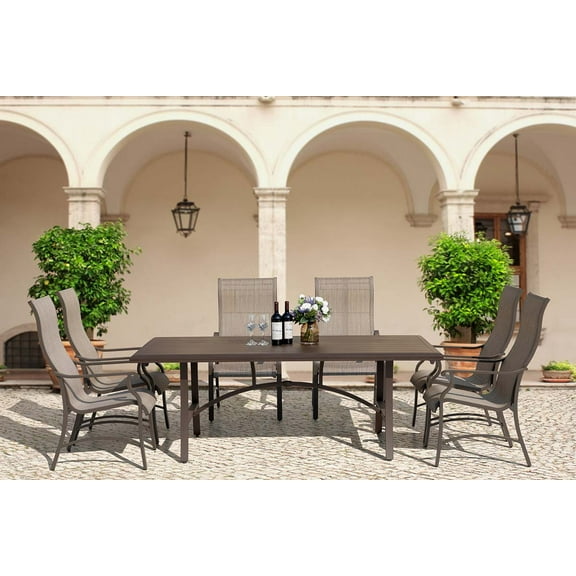 Nuu Garden 7-Piece All-Weather Outdoor Dining Set, Rectangle Metal Dining Table with Wood-Grain Tabletop & 6 Ergonomic Textilene Chairs, with Umbrella Hole, Black and Brown