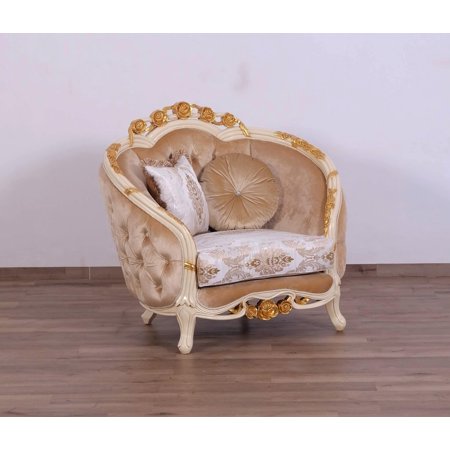 Luxury Sand & Gold Wood Trim VALENTINE Chair EUROPEAN FURNITURE Classic