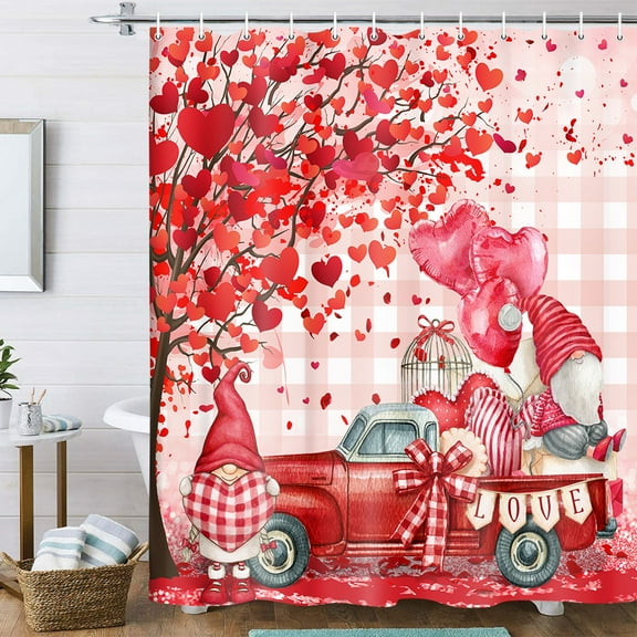 Valentines Day Shower Curtain, Happy Valentine's Day Gnomes Truck Shower Curtain for Bathroom Set, Valentine Love Tree Romantic Heart Balloons Fabric Shower Curtain with 12 Hooks, 70X70IN