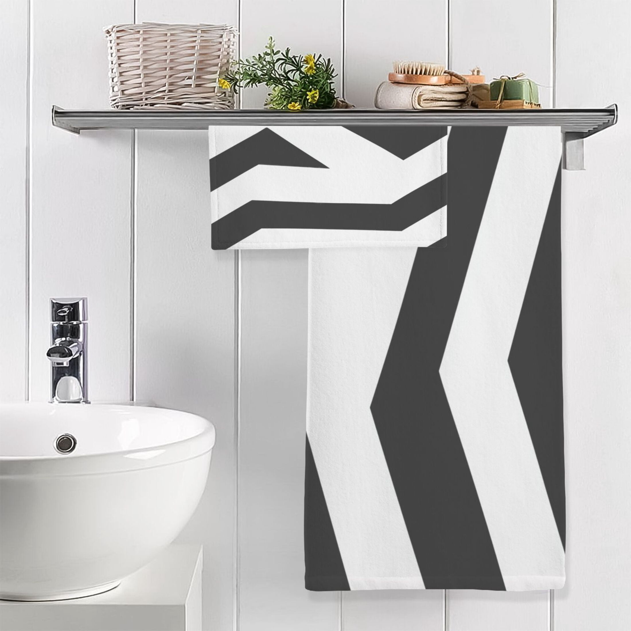Black and White Stripes 2 Piece Cotton Bath and Face Towel Set Soft and Absorbent, for Beach Pool Bathroom