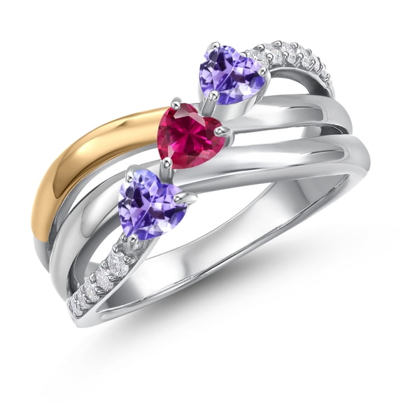 Gem Stone King 925 Silver and 10K Yellow Gold Blue Tanzanite and Red Created Ruby and Lab Grown Diamond Engagement Ring for Women | 0.85 Cttw | Heart Shape Gemstone December Birthstone | Size 5