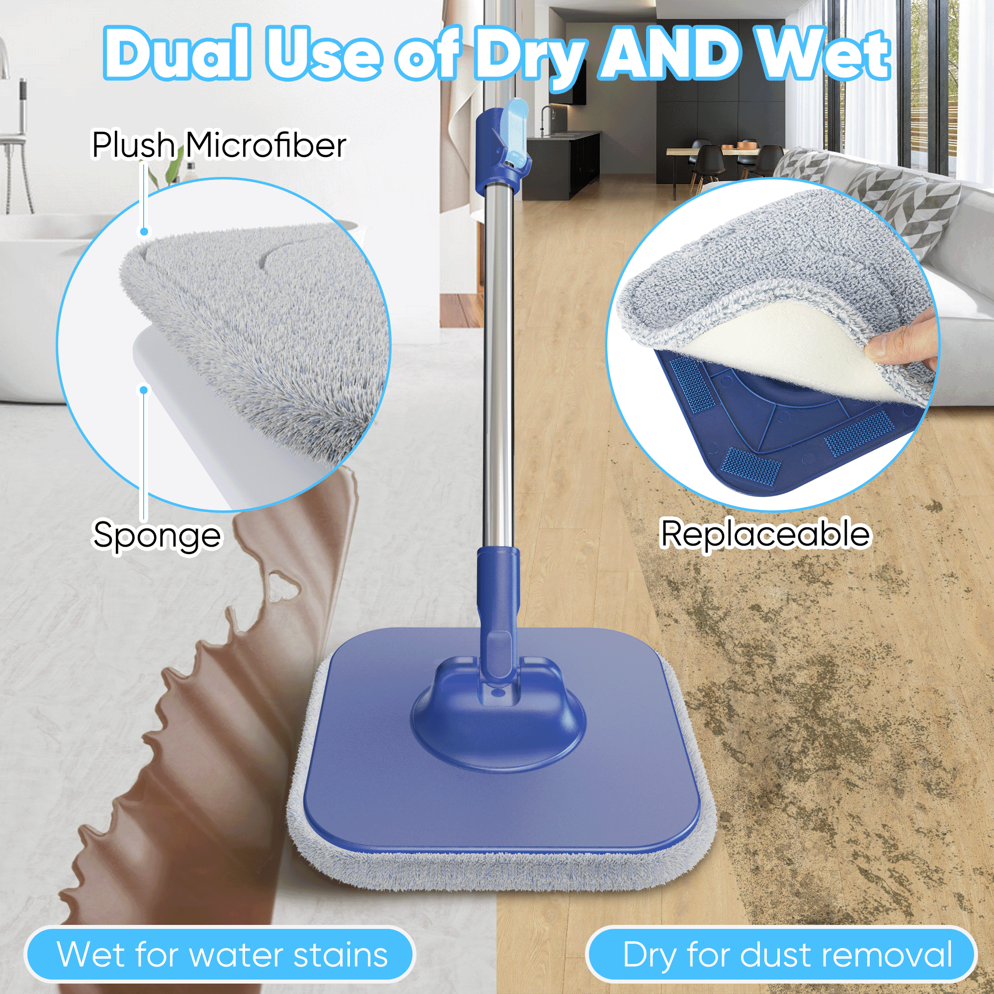 SUGARDAY Spin Mop and Bucket with Wringer Set for Floors, Collapsible Bucket with handle and Flat Wall mop with 5 Microfiber Pads