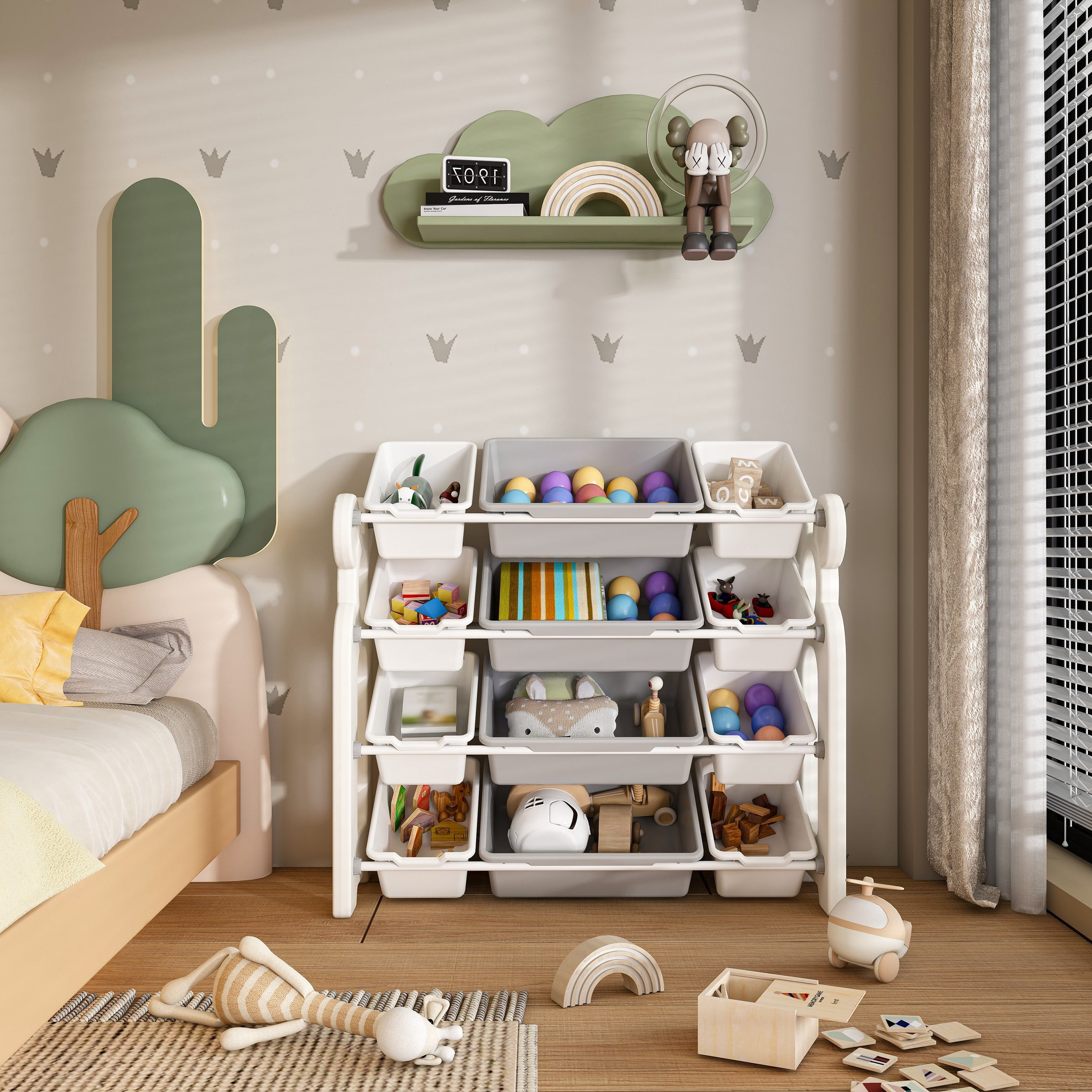 Kids Toy Storage Organizer with 12 Bins, Multi-functional Nursery Organizer Kids Furniture Set Toy Storage Cabinet Unit with HDPE Shelf and Bins for Playroom, Bedroom, Living Room