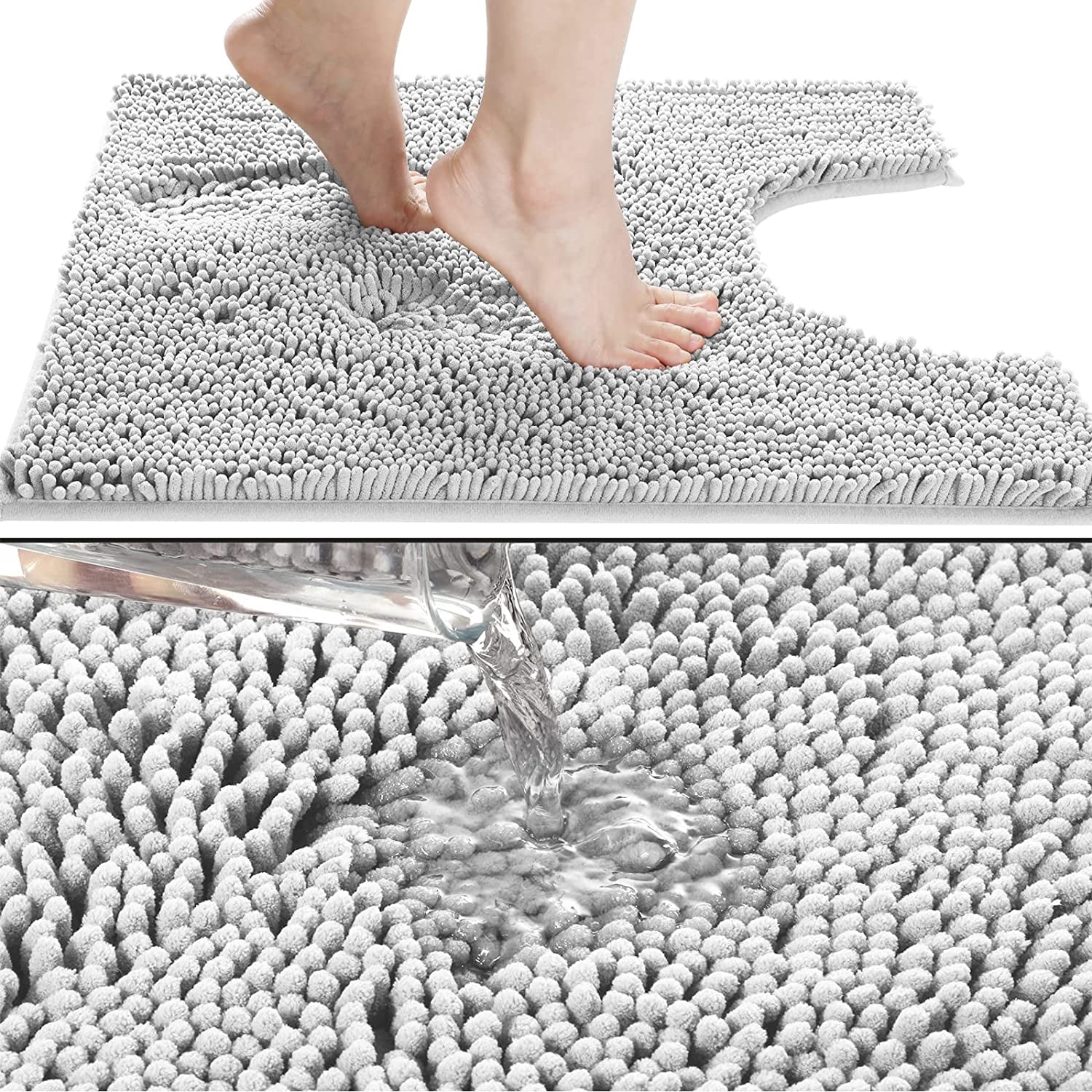 Toilet Rugs U-Shaped 24x24, Extra Soft and Absorbent Microfiber Bathroom Rugs, Non-Slip Plush Shaggy Toilet Bath Mat, Machine Wash Dry, Contour Bath Rugs for Toilet Base, Silver