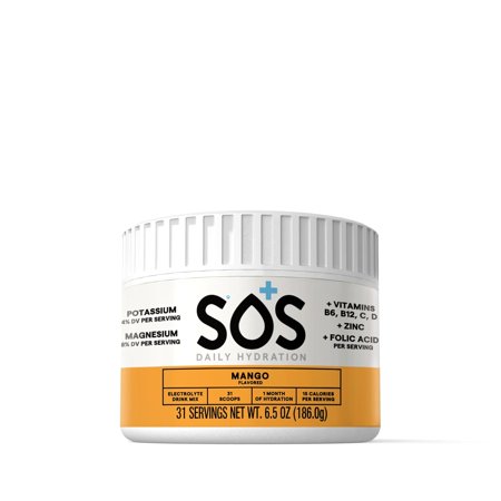 SOS Hydration Daily Electrolyte Drink Mix, Mango, 31-Serving Tub, Low Sugar, Vitamins B6 B12 C D, Potassium Magnesium Zinc