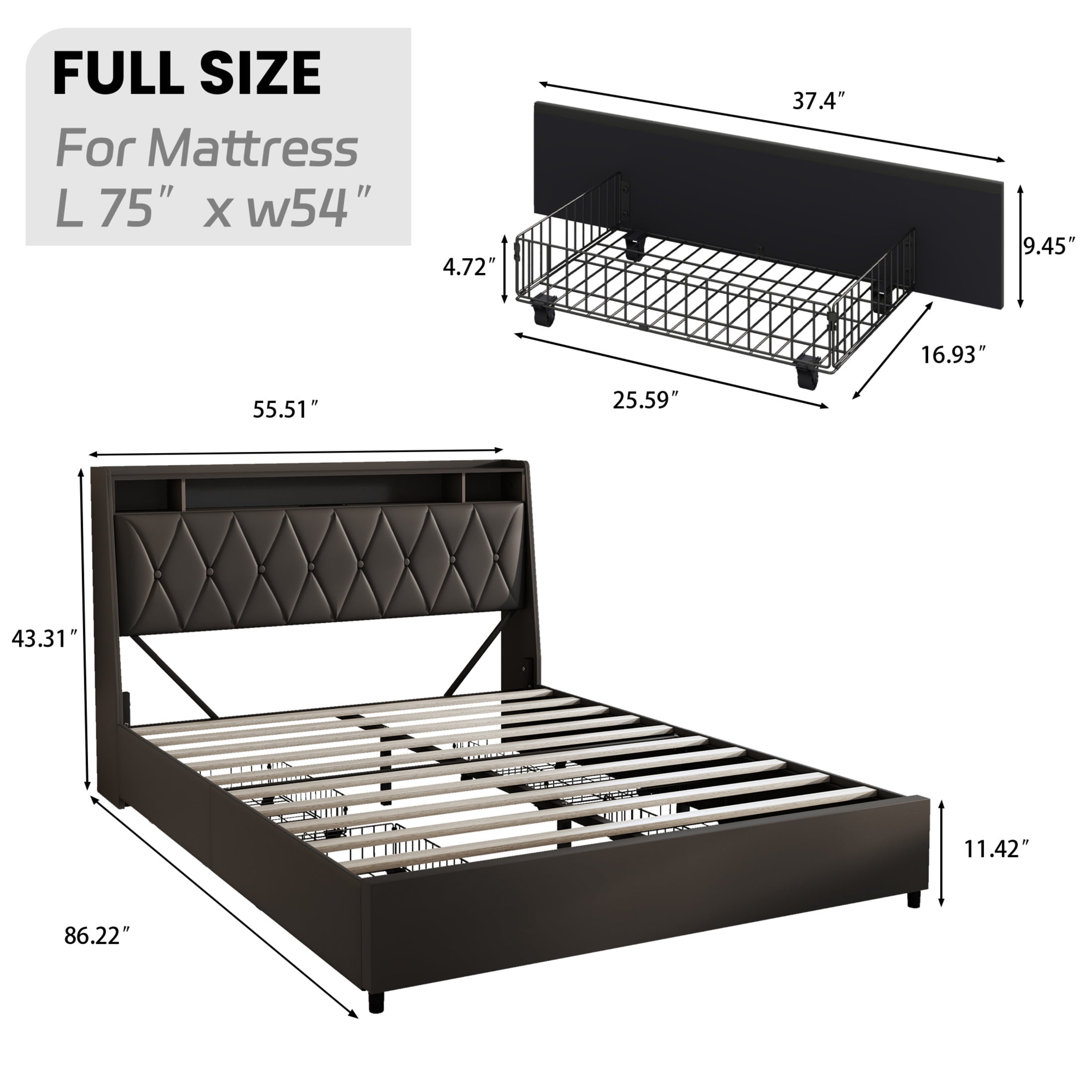 Noble House Lexair Full Platform Bed Frame with Ergonomic Headboard, Outlets, LED Light & Storage Shelf, Black