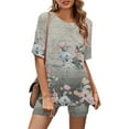 thumbnail image 1 of CHGBMOK Ensembles Deux Pièces pour Femmes Mode Blouse Col Rond Manches Courtes Hauts Shorts Ensemble Décontracté Ensembles Femmes Tenues 2 Pcs Été en Liquidation, 1 of 5