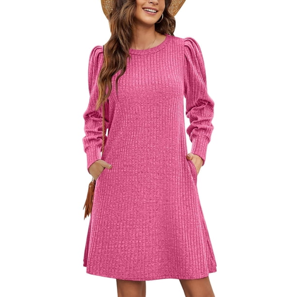 Vestido de punto para mujer - Vestido túnica informal de manga larga abullonada y cuello redondo para otoño/invierno