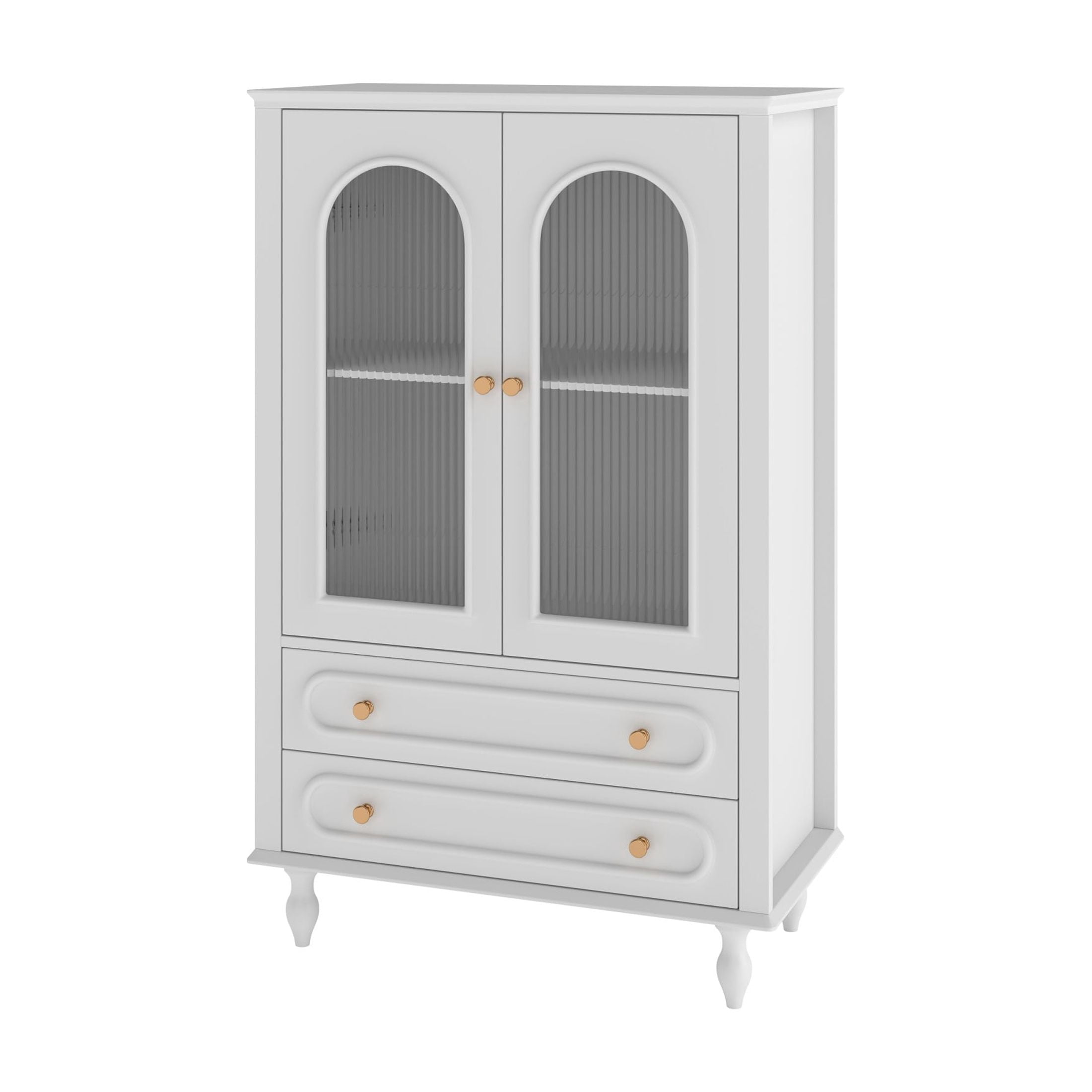 Noble House 46.5" Wooden Glass Display Cabinet with Ribbed Glass Doors, Adjustable Shelf & Storage Drawers, White