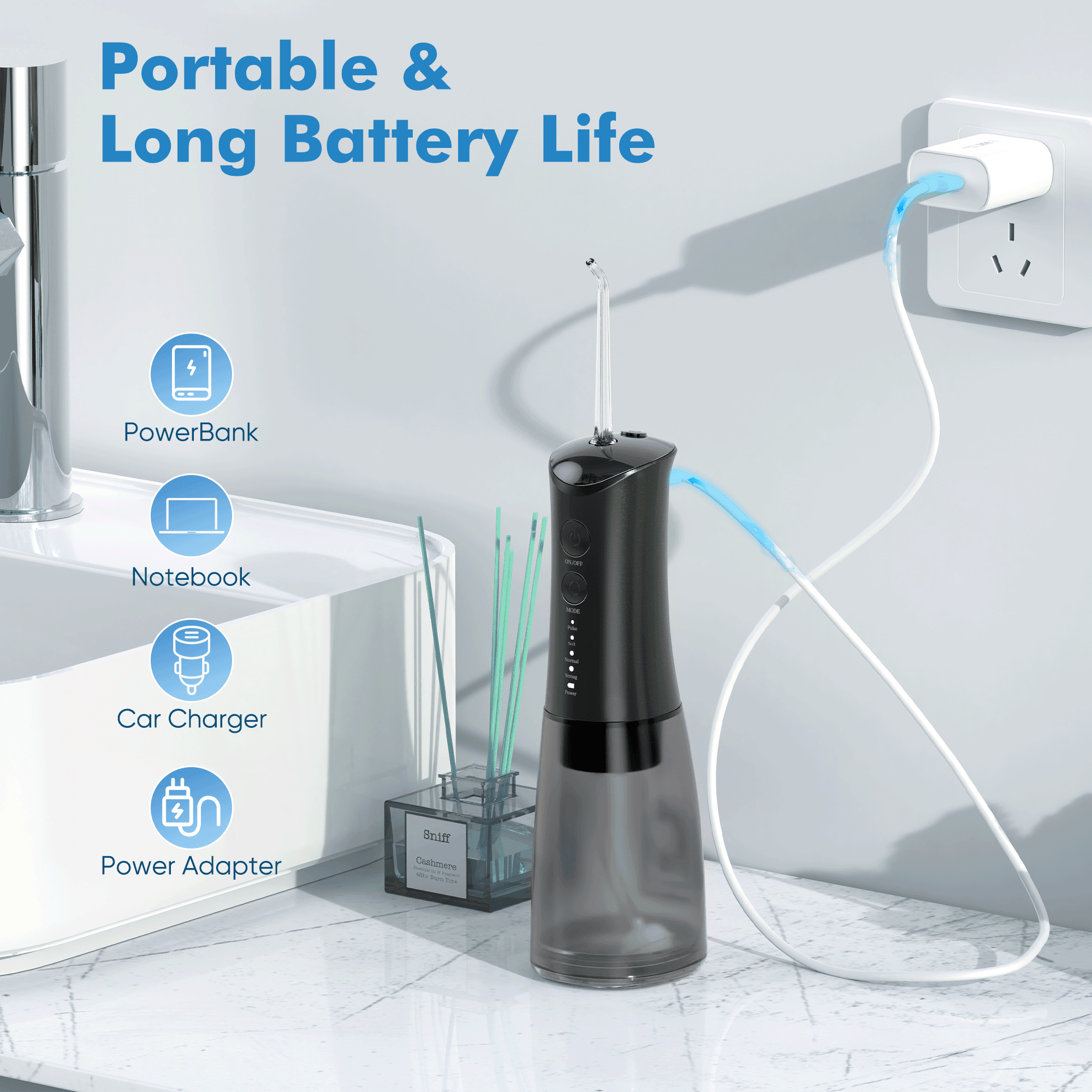 VIIWII Portable Water Flosser – 360ML Oral Irrigator for Teeth & Braces, IPX7 Waterproof, Rechargeable Dental Cleaner with 5 Nozzles, Black