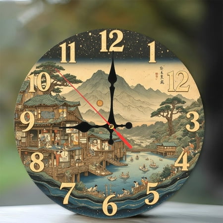 Japanese Style Wall Clock Vintage River Scene 10-Inch Silent Wooden Wall Clock, Battery Operated (AA Batteries Not Included), Artistic Home Decor