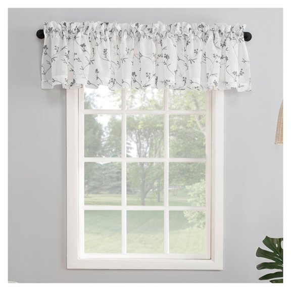 17"x50" Delia Embroidered Floral Sheer Rod Pocket Curtain Valance White/Gray - No. 918