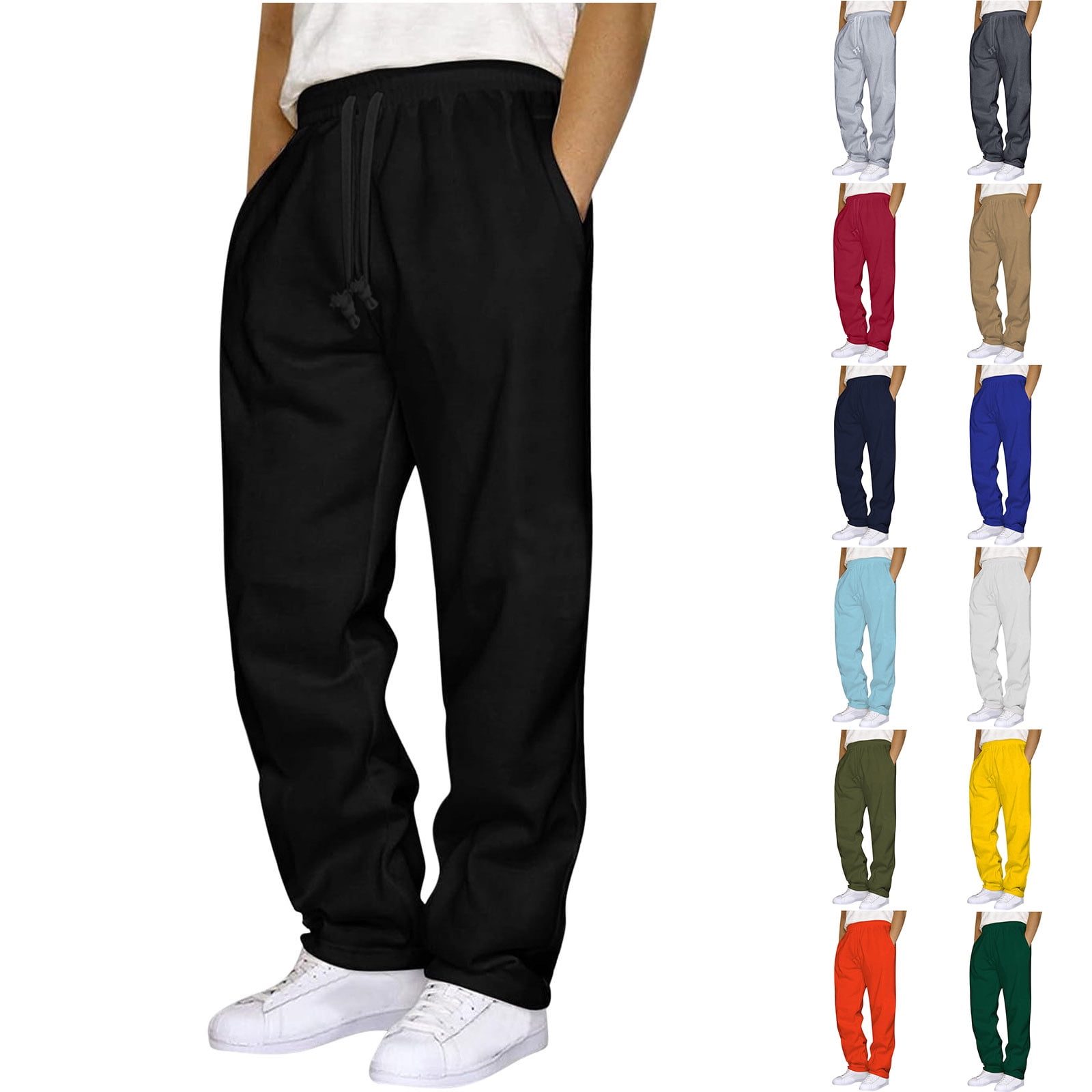 Mens Sweatpants with Pockets Outdoor Running Jogger Pants Elastic Waist Drawstring Workout Casual Sweatpants Open Bottom, Black L