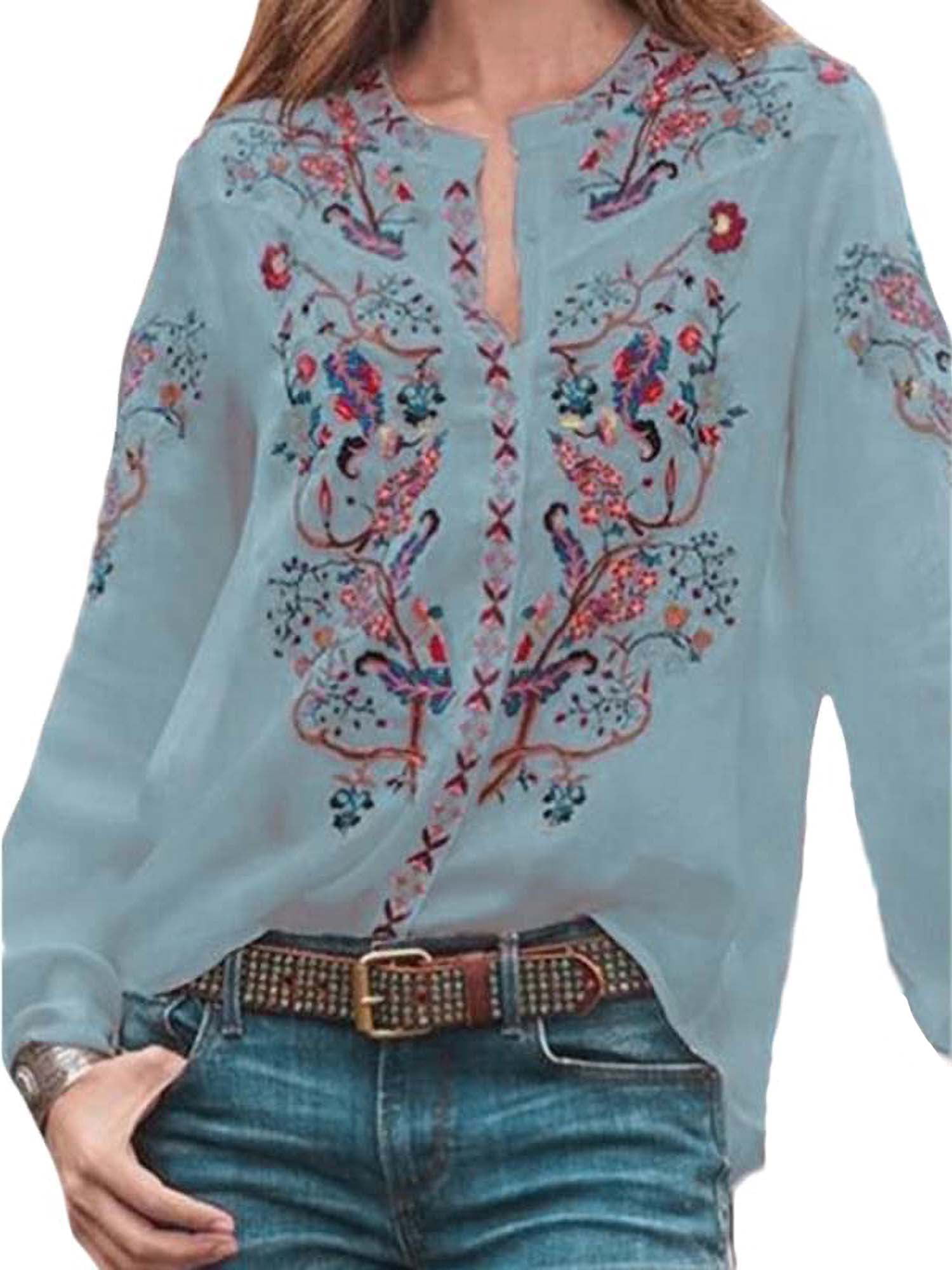 Embroidered Blouse Shirts Women Bird Fashion Long Sleeve Turn Down Collar Cotton