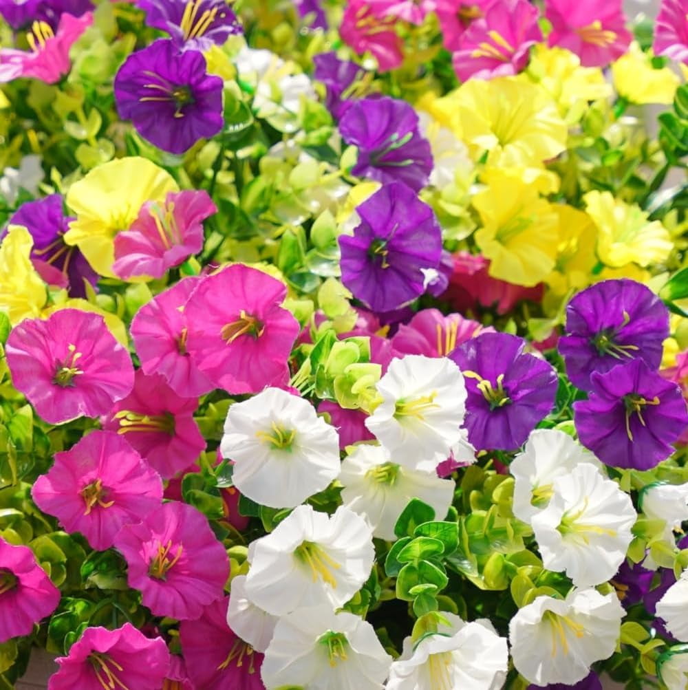Artificial Outdoor Flowers Fake Plants for Spring Summer Decoration,12 Bundles Silk Morning Glory Eucalyptus