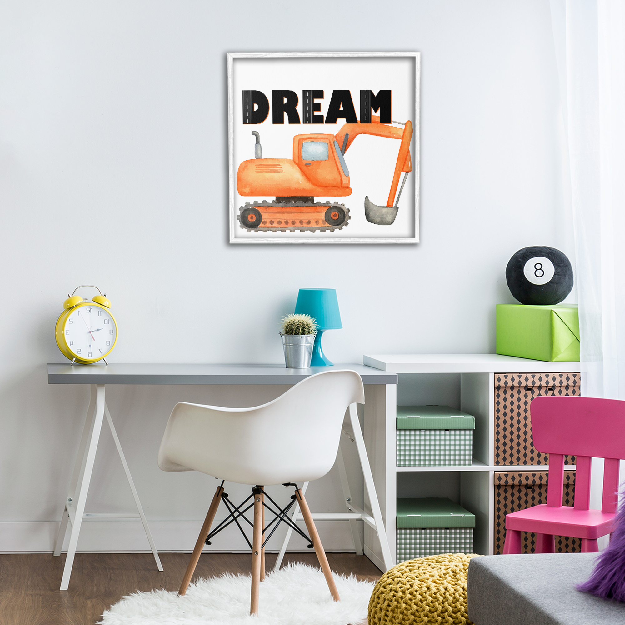 Dream with Orange Excavator White Framed Giclee Art, design by Kim Allen