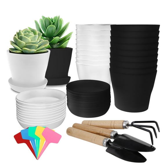 20Pcs Flower Seedling Nursery Pots, 4 Inch Plastic Planters Flower Plant Pots, Small Plant Pots with Saucers and 20 Labels for Outdoor Indoor Plants Gardening Decor, Black, White