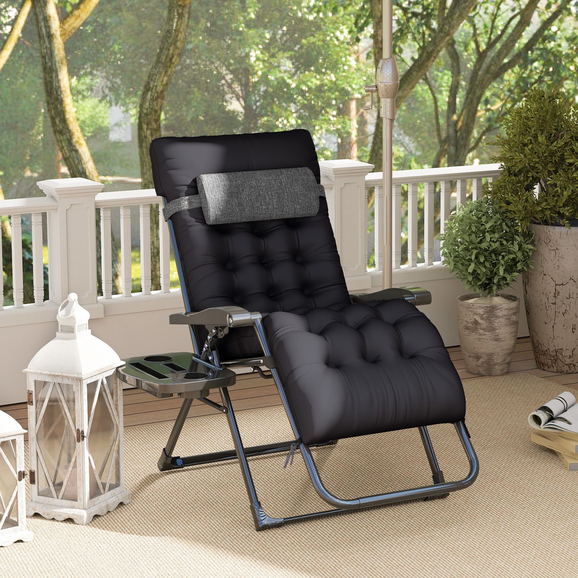 Folding Zero Gravity Lounge Chair with Detachable Thick Cushion, Lockable Reclining Outdoor Anti-Gravity Chair with Side Storage Tray Cupholders Steel Frame Supports 264lbs