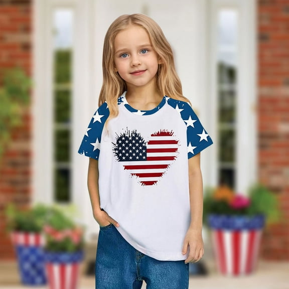Toddler 4Th Of July Outfit Kids Fashion American Flag Printed Tees Boys Girls Cute Round Neck Short Sleeve Top Blue 4-5 Years