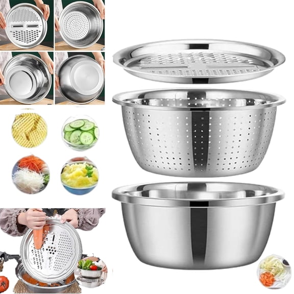Germany Multifunctional Stainless Steel Basin, Stainless Steel Shredding & Drainage Chopping Basin, Kitchen Grater Set, 5-in-1 Stainless Steel Basin, For Kitchen, Salad, Vegetable Prep