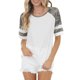 thumbnail image 1 of Top de mujer con cuello redondo, camiseta con bloques de color de camuflaje, túnica informal, cuello redondo, blusa de algodón de manga corta a rayas, Top blanco XL, 1 of 5