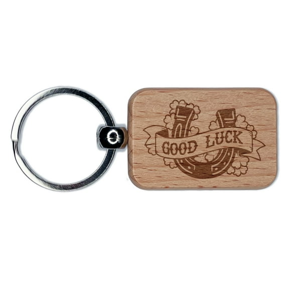 Good Luck Horseshoe with Clovers Rectangle Keychain Charm Tag - Engraved Wood