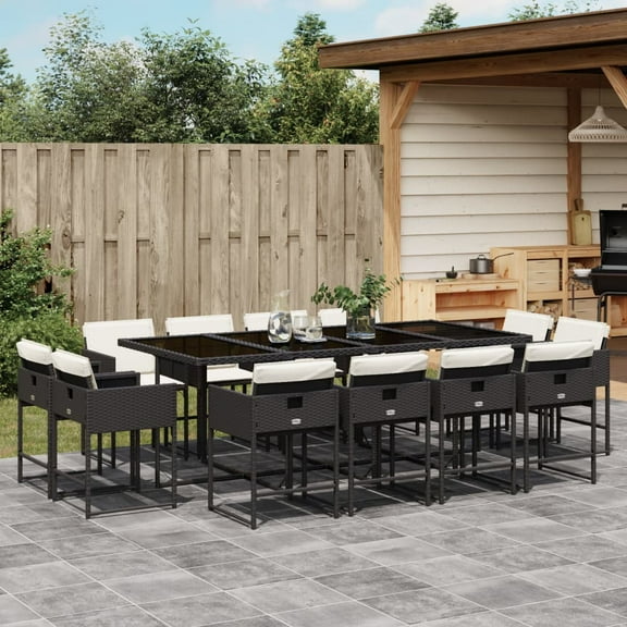 vidaXL 13 Piece Patio Dining Set with Cushions Black Poly Rattan