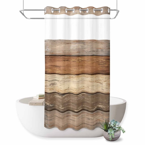 No Hook Shower Curtain, Farmhouse Beige Brown Shower Curtains for Bathroom with See Through Top Window, Vintage Wooden Striped Waterproof & Washable Bath Curtain Stand Up Stall 36"x72"