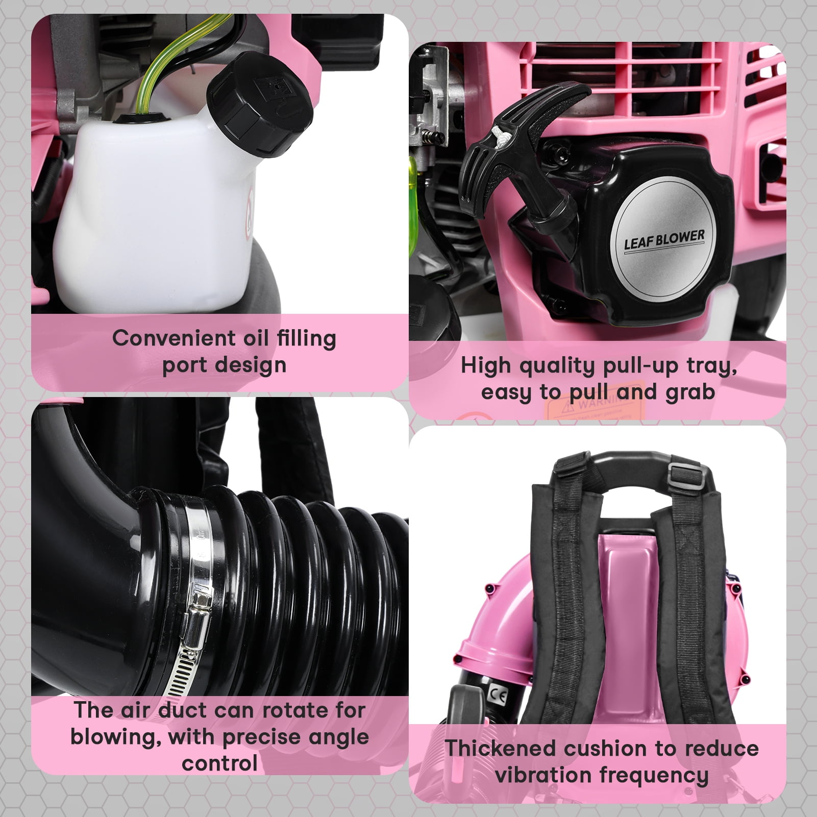 Grandest Birch Leaf Blower with Backpack, Cordless Leaf Blowers for Lawn Care, 52CC 2 Stroke 550CFM Gas Powered Blower for Home Blowing Leaf, Snow Blowing, Dust, Pink