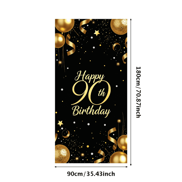 Black Background Happy 90th Birthday Banner with Gold White Balloons Stars Party Decors Photography Props Birthday Party Supplies Backdrop Decorations