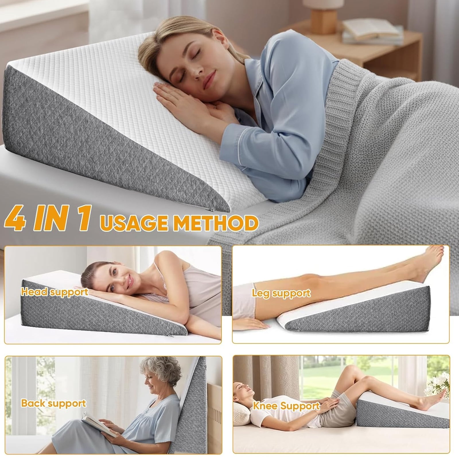 Nextay Wedge Pillow, 7.5 Inch Soft Breathable Foam Pillow for Relieving Neck & Back Pain, Improving Circulation and Relieving Acid Reflux, White & Grey