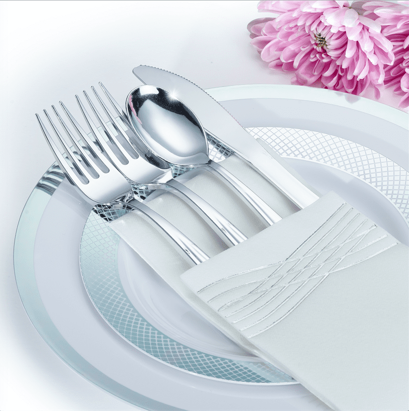 By Madee (NEW) Premium 175 Pc Silver Plastic Dinnerware Set Elegant