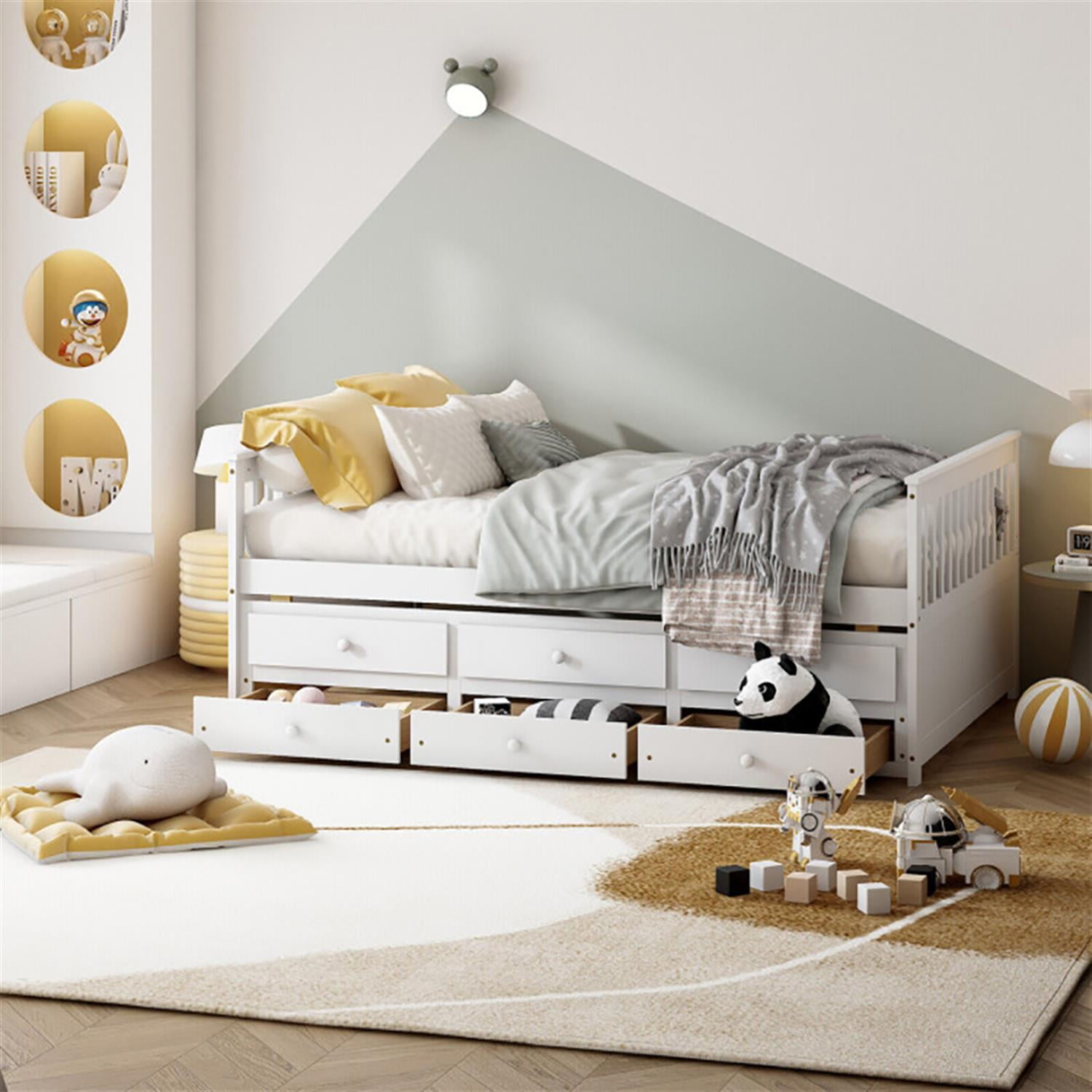 Demi Bonn Full Size Wood Daybed Frame with Trundle Bed and 3 Storage Drawers, Modern Bed Frame for Teens, White