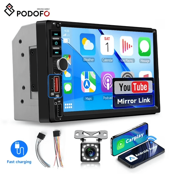 Podofo 7 in Double Din Car Stereo Radio Wireless Carplay Android Auto Bluetooth Backup Camera