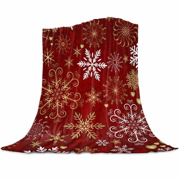 Christmas Snowflake Flannel Blanket for Bed,Travel and Camping, Red Gold Watercolor Decoration Super Soft Cozy Blanket for All Seasons 30"x40"