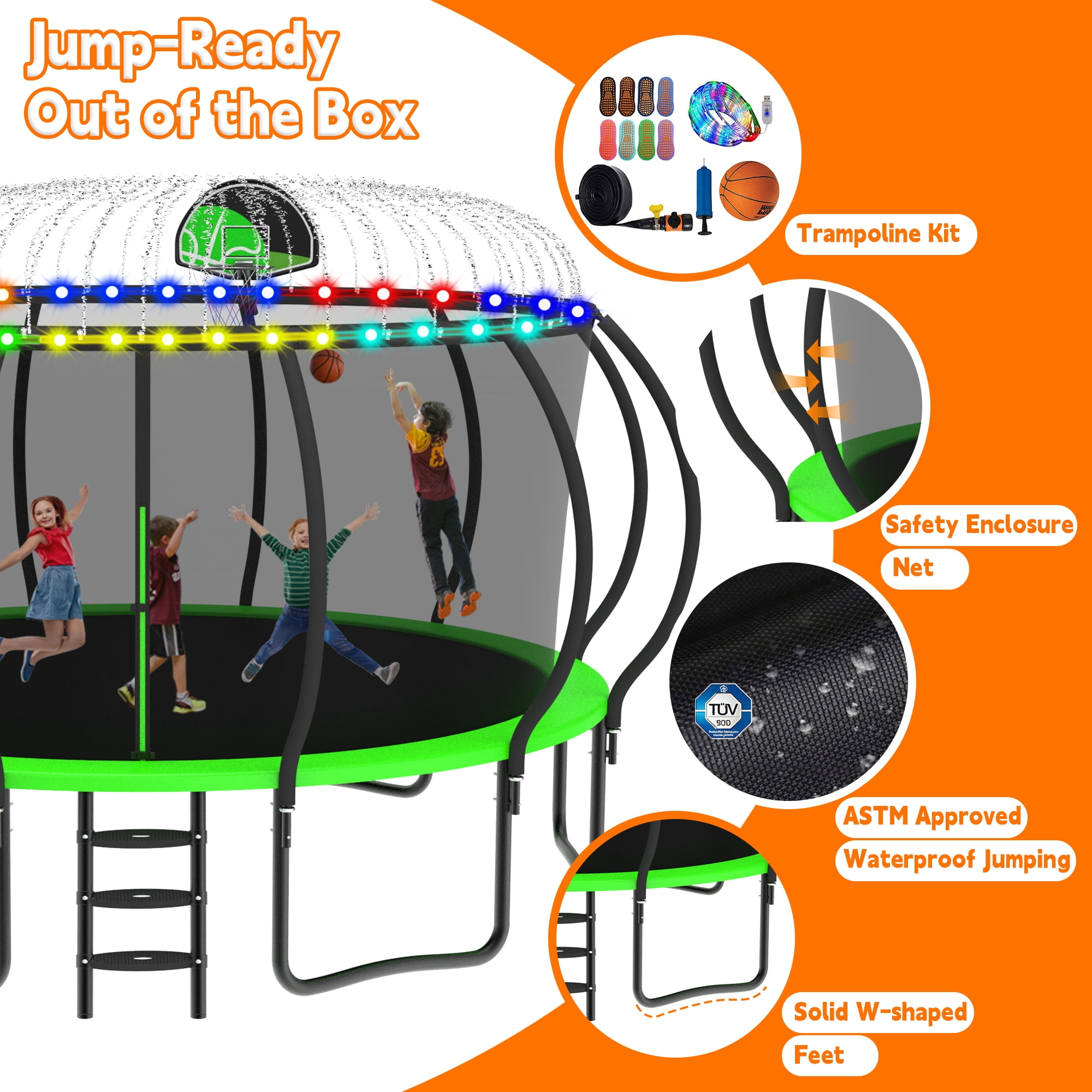 DeepRoar 2026 Upgraded 14FT Trampoline for Kids and Adults, Heavy Duty 1400LBS Outdoor Trampoline Set with Enclosure, Basketball Hoop, Light and Sprinkler, Recreational Trampolines for Backyard