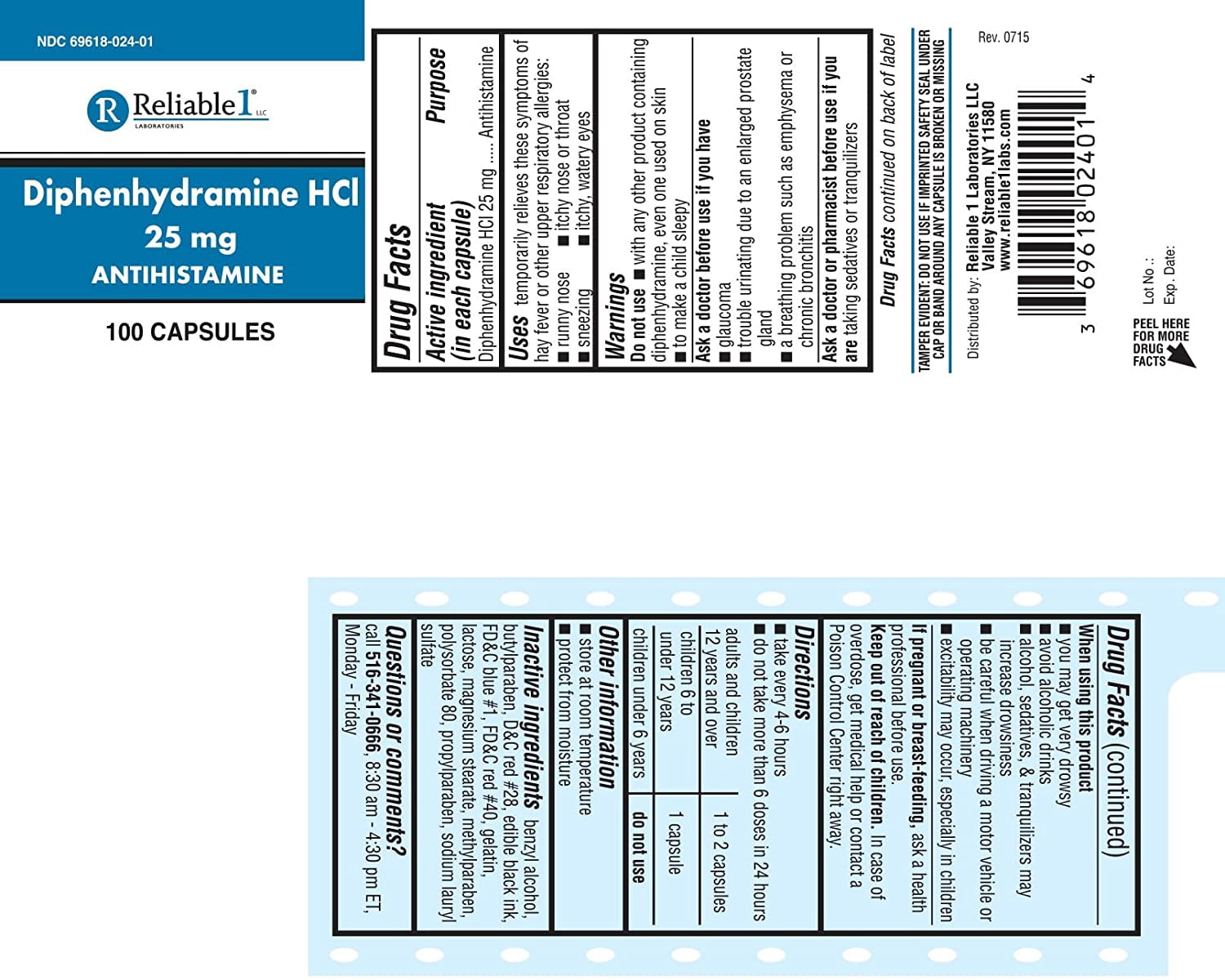 Reliable 1 Diphenhydramine HCI 25mg Antihistamine 100 Each - (Pack of 6)