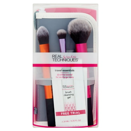 Real Techniques Travel Essentials Makeup Brush Set with 2-in-1 Case + Stand (3 Count)