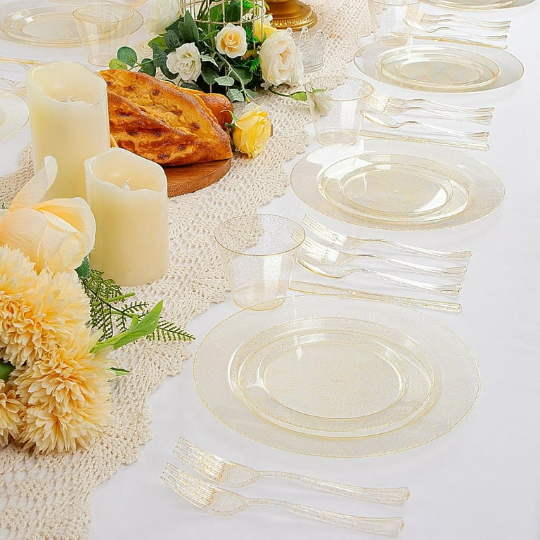 600 PCS Gold Glitter Disposable Dinnerware Set for 100 Guests