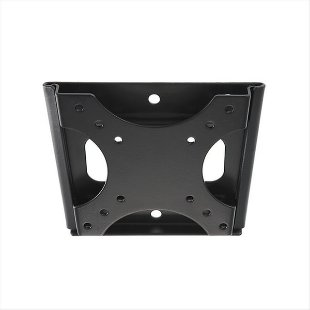 soporte de pared ultrafino para tv, empotrado, para la mayoría de monitores de pantalla lcd led de 19 a 32 pulgadas. Vista frontal centrada del soporte fijo negro en hierro con perfil bajo que mantiene la pantalla a 1 cm de la pared; placa de montaje en V con orificios compatibles VESA y ranuras para tornillos, acabado negro resistente a arañazos, capacidad 25 kg y hardware incluido. Ideal para espacios reducidos como vehículos recreativos o cabañas de barco; también apto para montar monitores en escritorios compactos.
