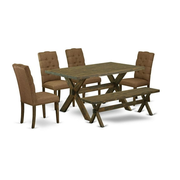 East West Furniture 6-Pc Kitchen Dinette Set-Brown Beige Linen Fabric Seat and Button Tufted Chair Back kitchen parson chairs, A Rectangular Bench and Rectangular Top Kitchen Table with Solid Wood...