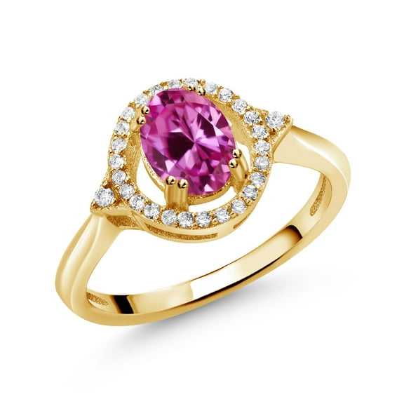 Gem Stone King 1.24 Ct Oval Pink Created Sapphire 18K Yellow Gold Plated Silver Ring (Size 7)