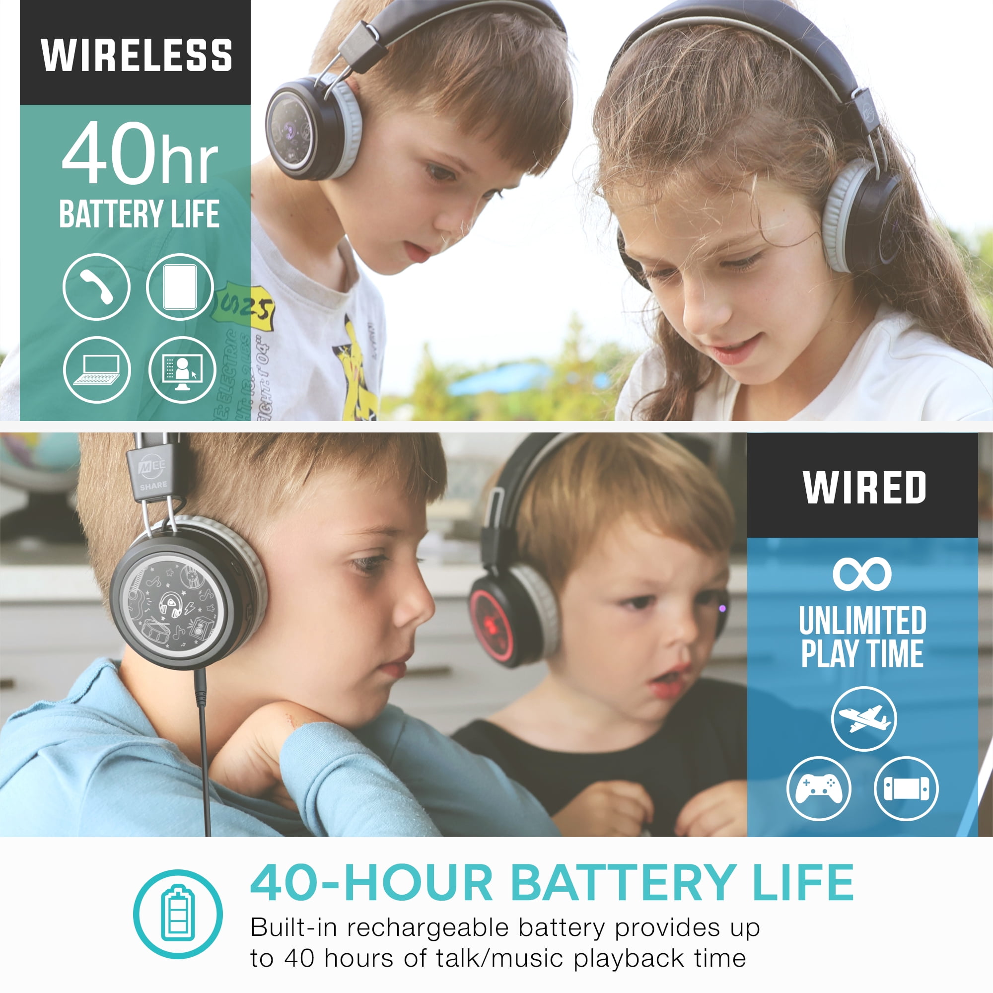 MEE audio 2-Pack of KidJamz Bluetooth Wireless Headphones for Kids w/ Multipoint, LED Lights, 40h battery; Mic; Children's Headset for School/Classroom/Online Learning (KJ55BT-S, 2 PACK)