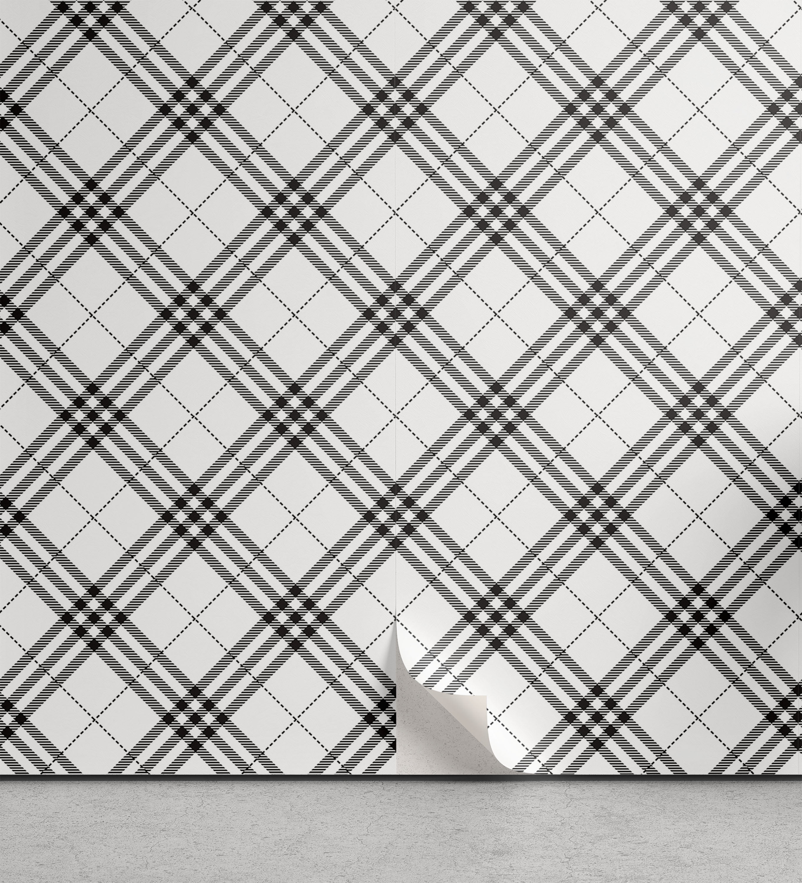 Plaid Peel & Stick Wallpaper, Monochromatic Diagonal Pattern with