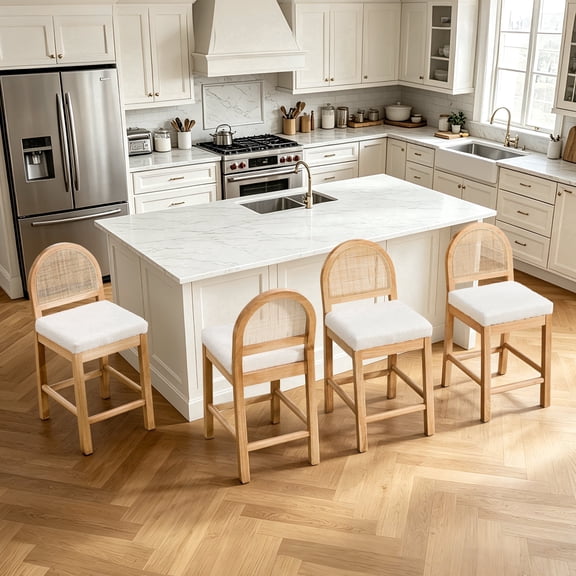 Lessmore Counter Height Bar Stools Set of 4 Farmhouse Wooden Barstools with Rattan Back & Upholstered Seat Natural Rattan Back for Kitchen Island